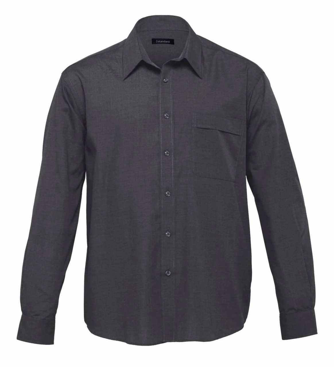 A dark grey button-up shirt with long sleeves and a chest pocket, featuring a collar and branding label.