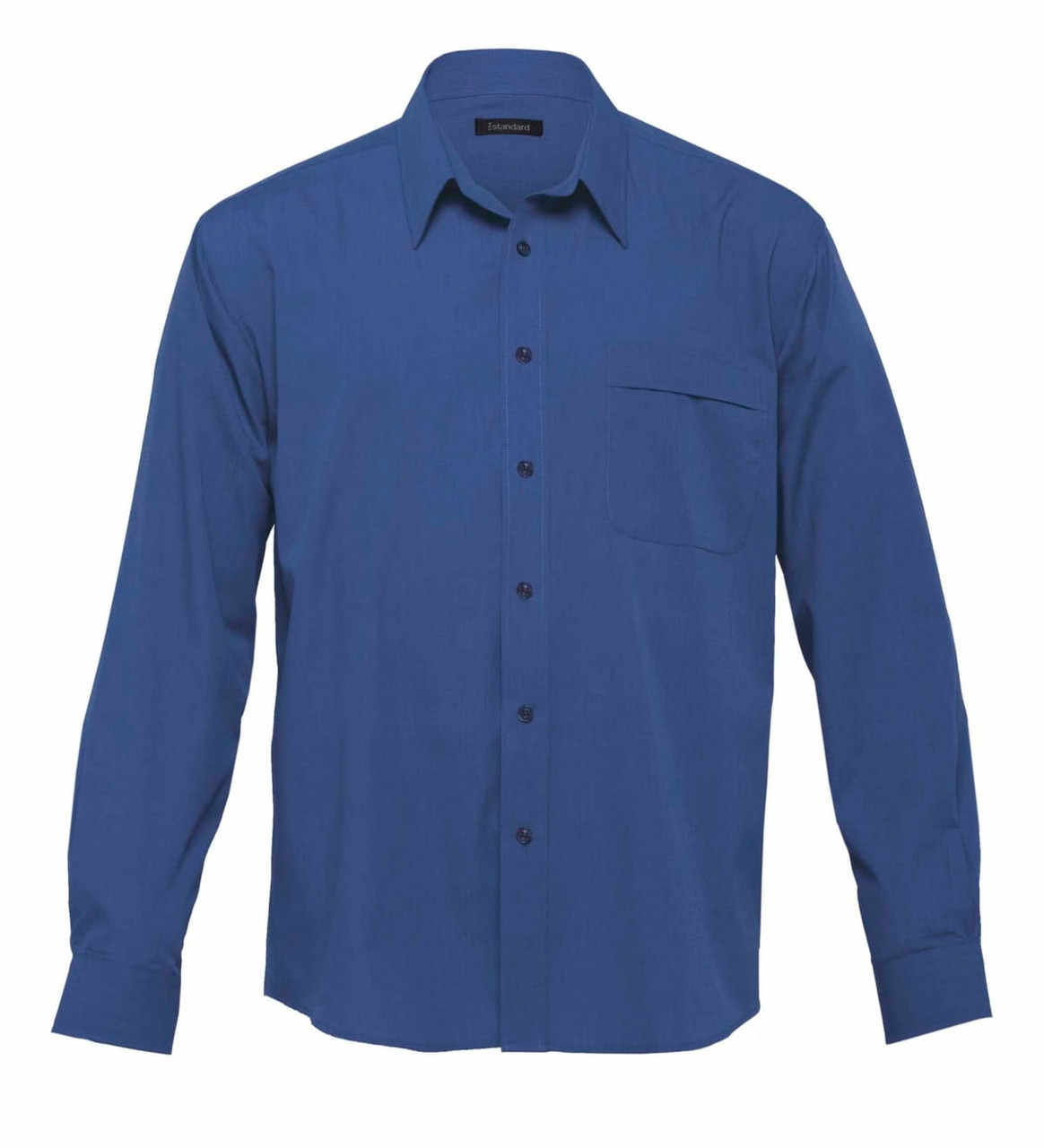 A blue long-sleeve button-up shirt featuring a chest pocket and a branded label.