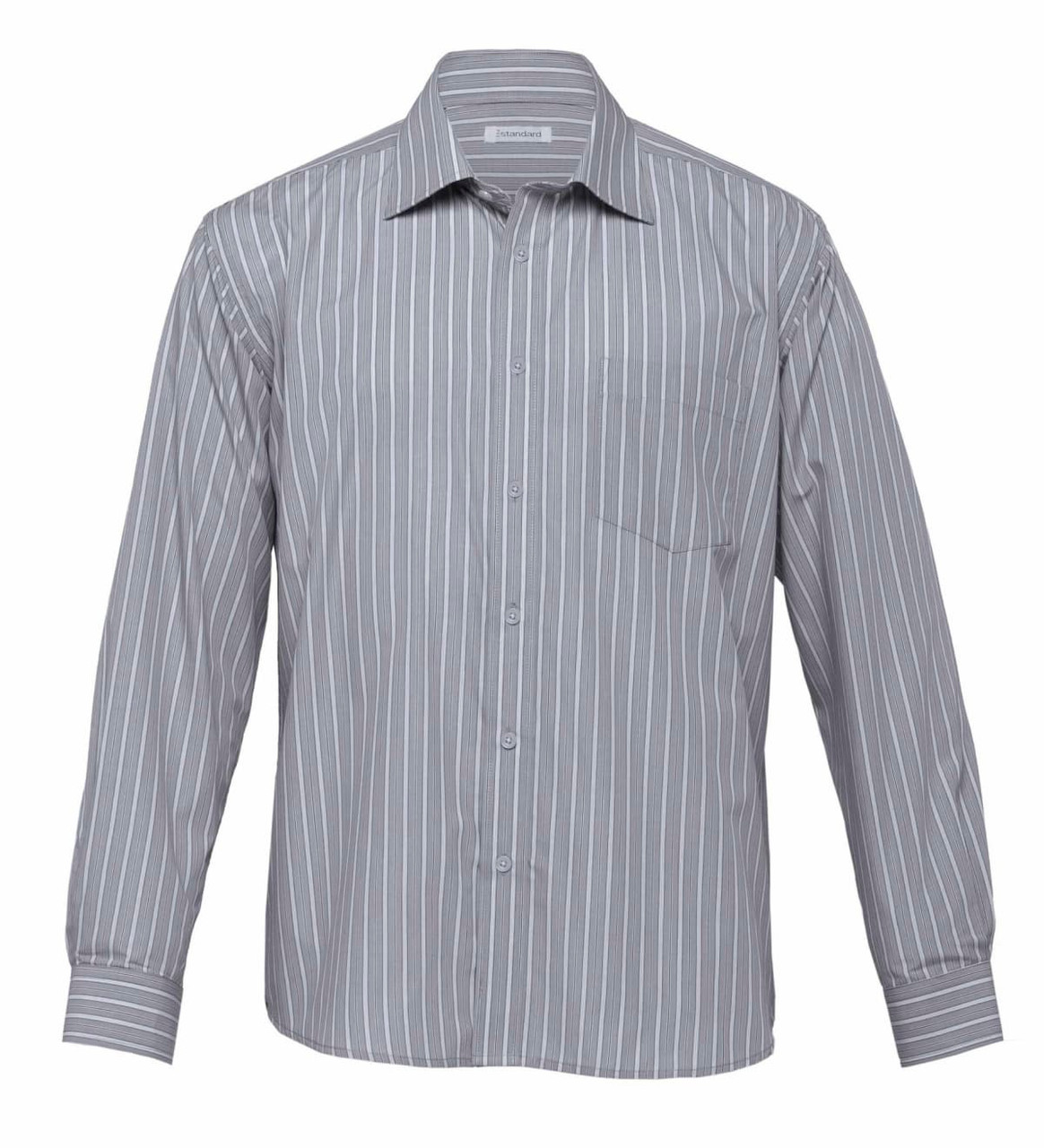 A grey button-up shirt with vertical stripes and a single chest pocket. It has a collar and long sleeves.