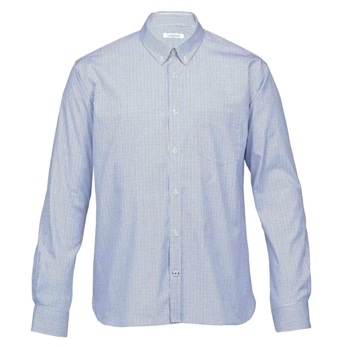 A button-up shirt in blue and white check pattern with long sleeves and a collar. Features a logo.