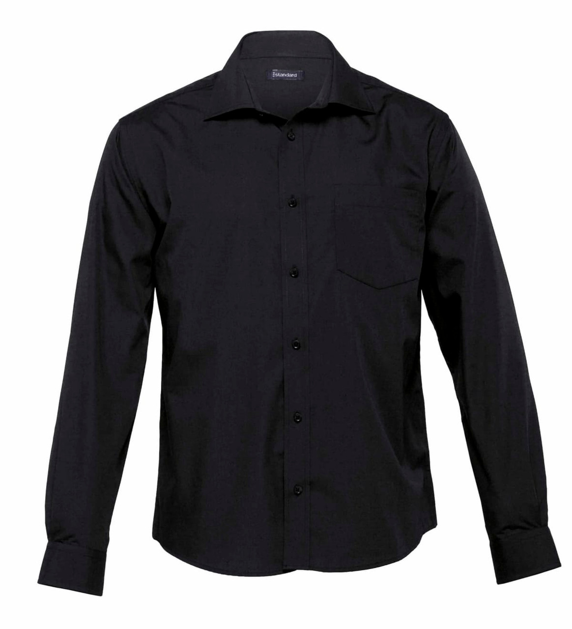 A black button-up shirt featuring long sleeves and a single chest pocket; includes branding.