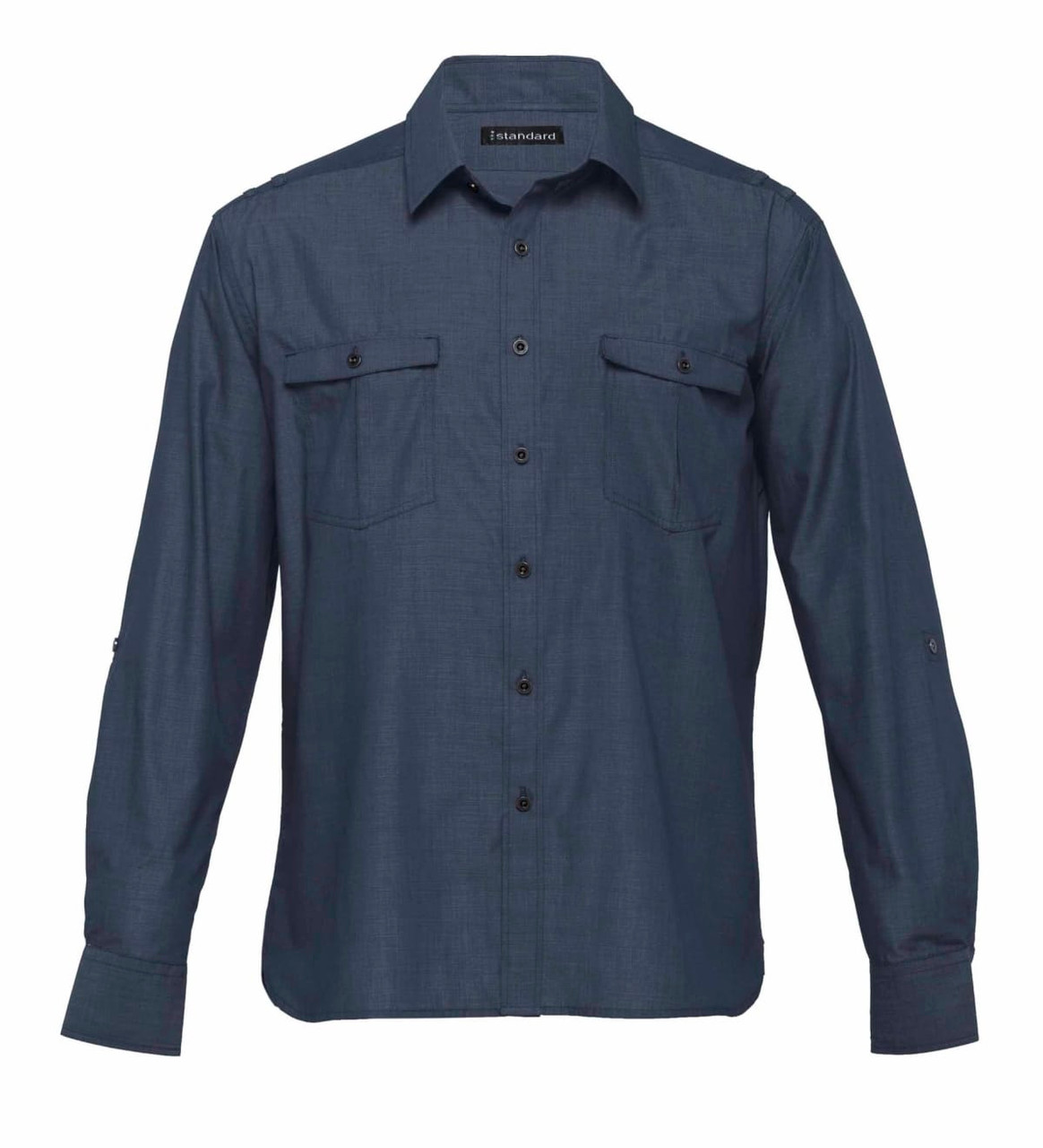 A dark navy button-up shirt with two chest pockets and long sleeves. It features a logo on the label.