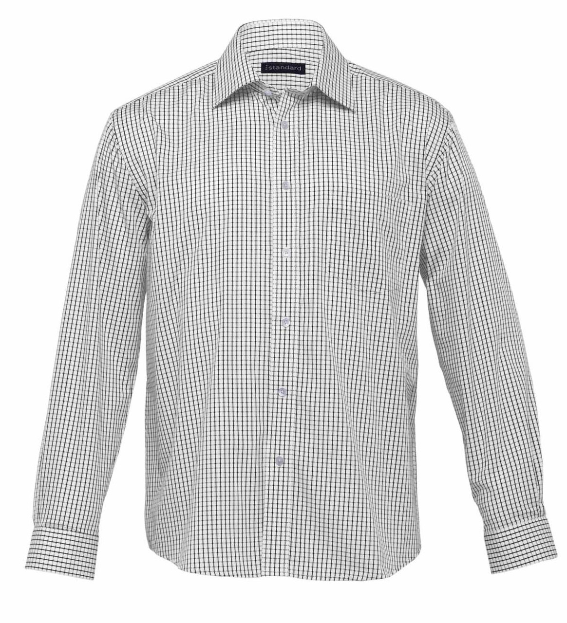 A button-up shirt in a black and white checkered pattern, featuring a collar and long sleeves.