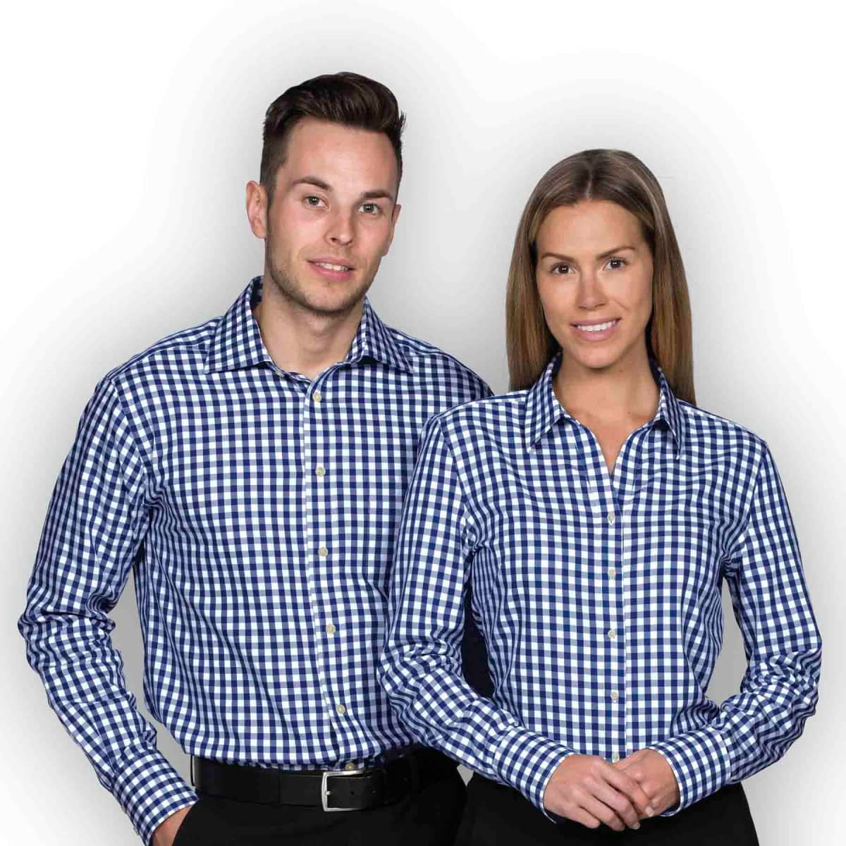 A check shirt for men featuring a blue and white gingham pattern, displayed by a man and a woman. The shirt has a branded logo.