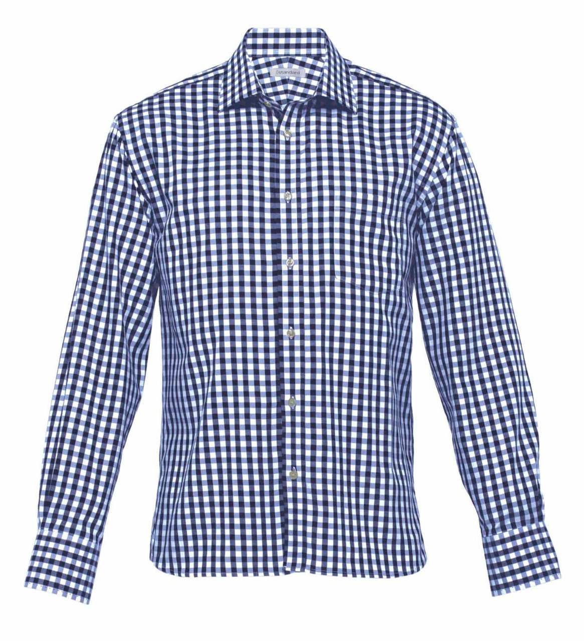 A navy and white check shirt featuring a button-up front and long sleeves. It has a logo on the collar.