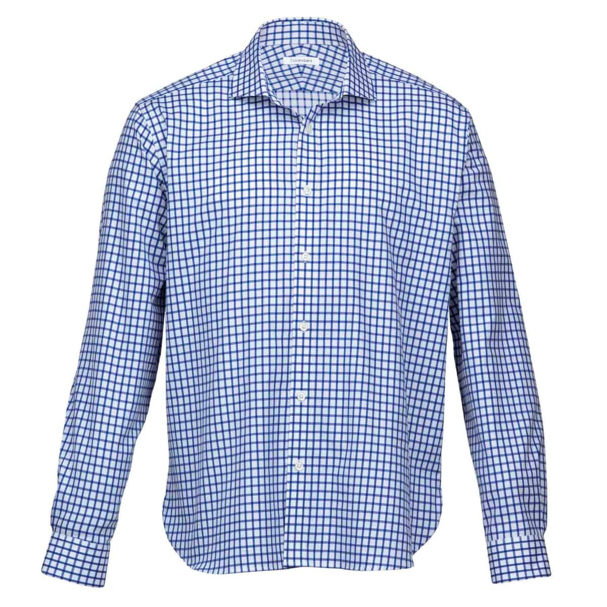 A blue and white check patterned button-up shirt with long sleeves and a collar, featuring a logo.