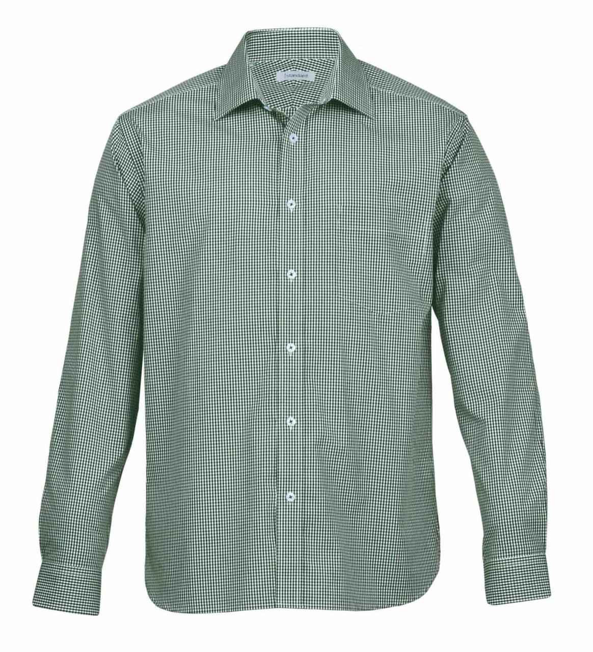 A green and white check button-up shirt with a classic collar and long sleeves. It features a logo on the chest.