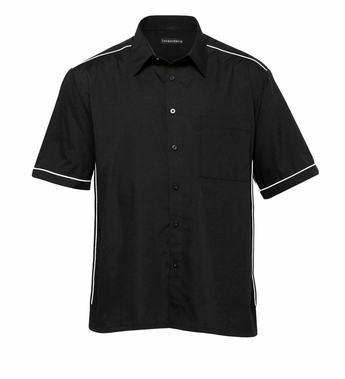 A black button-up shirt featuring white piping, a chest pocket, and a logo on the collar.