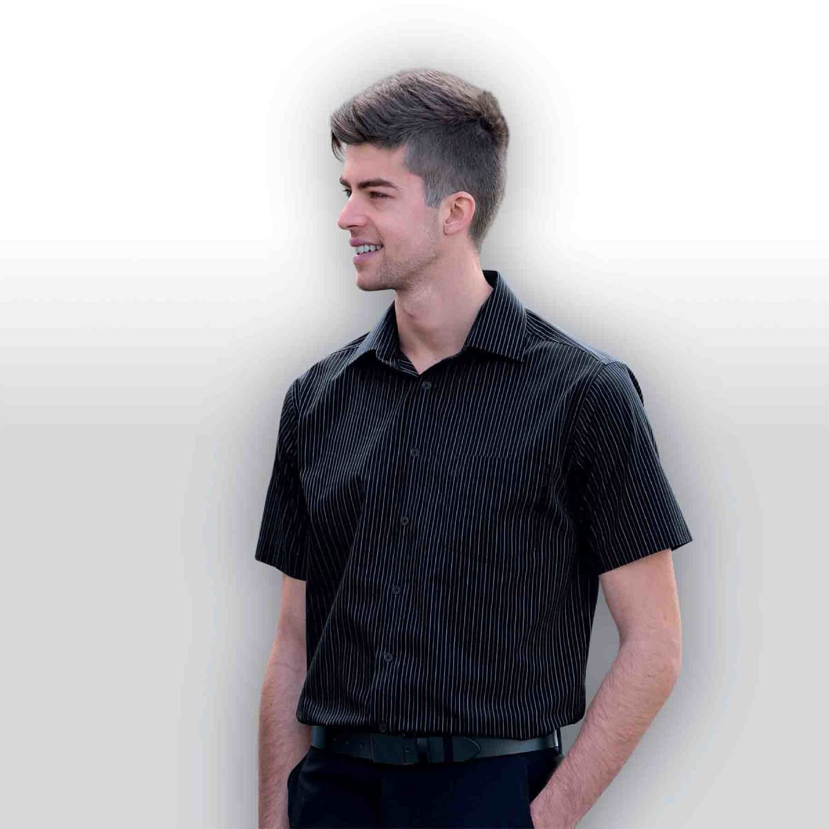 A short sleeve button-up shirt in black with a pinstripe pattern, featuring a collar and a logo.