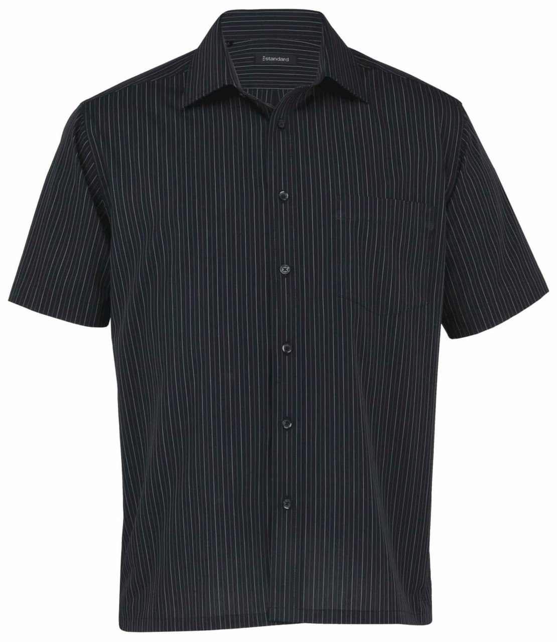 A short sleeve men's button-up shirt in black with thin stripes, featuring a pocket and a logo on the label.