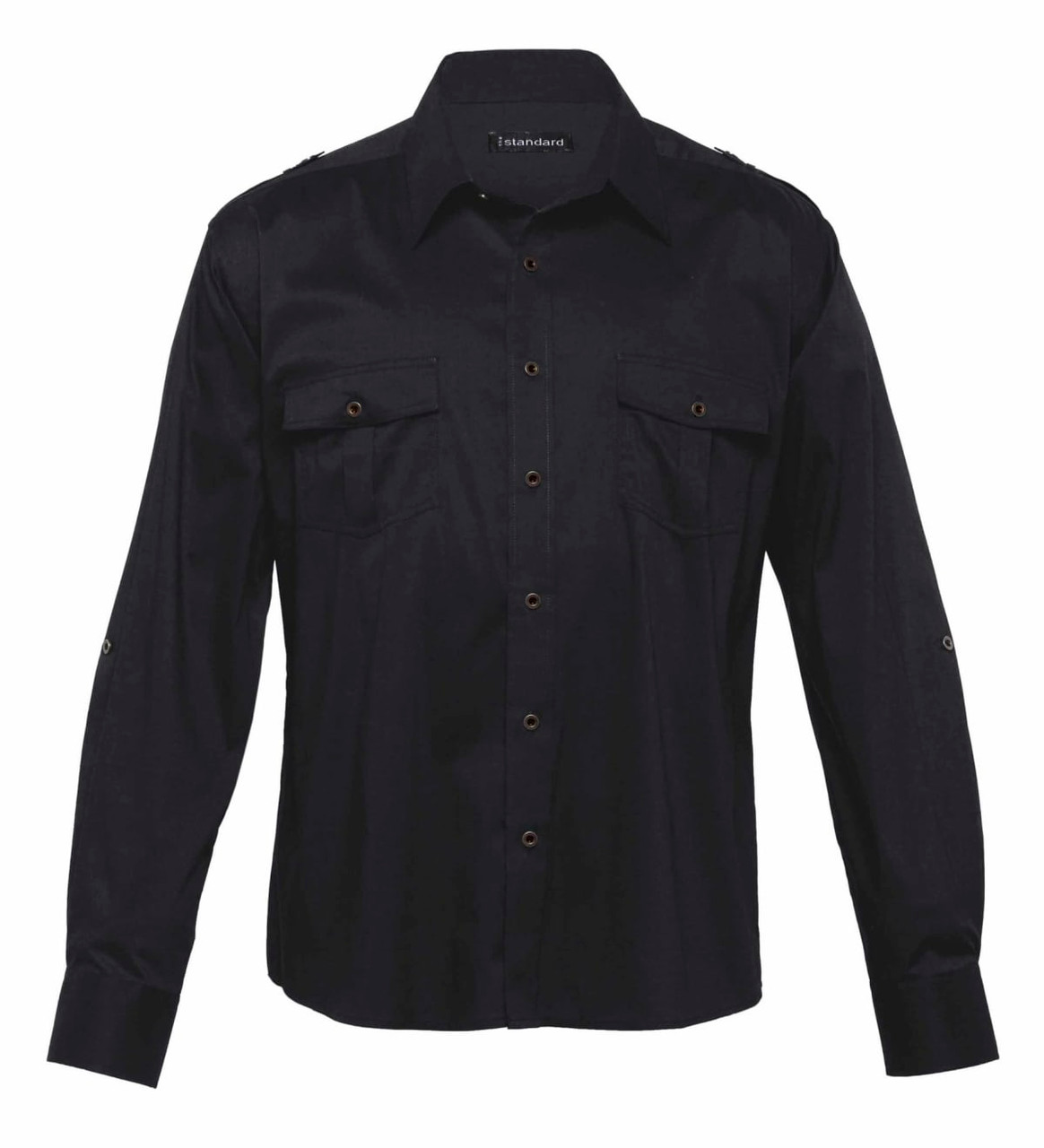 A black button-up shirt featuring long sleeves and two chest pockets, with a logo on the inside.
