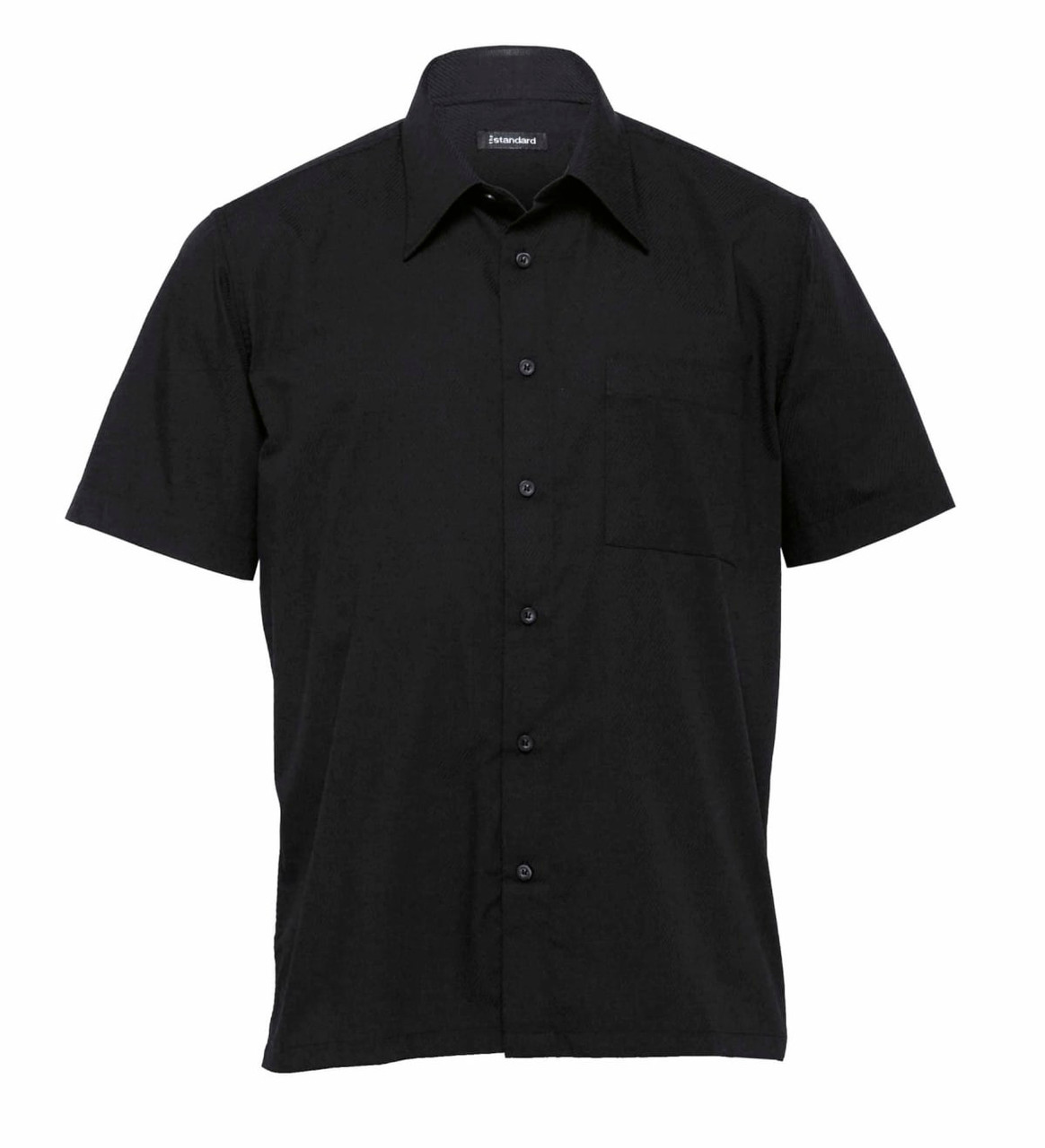 A black short sleeve button-up shirt for men with a single chest pocket and a logo.