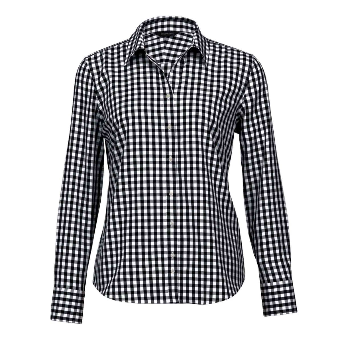A women's button-up shirt in a black and white check pattern, featuring long sleeves and a collar.