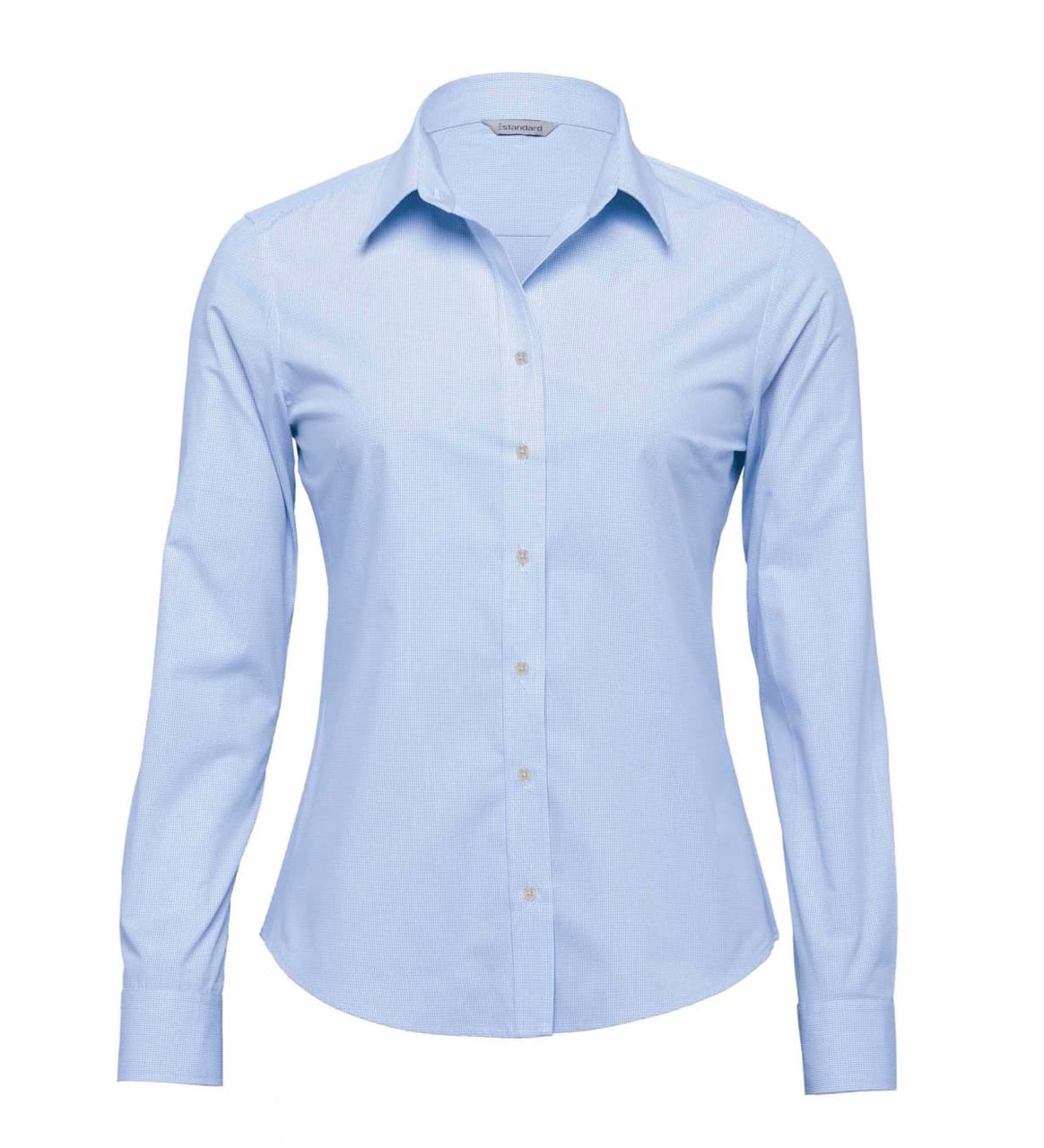 A light blue women's button-up shirt with a fitted design and long sleeves, featuring a logo on the chest.
