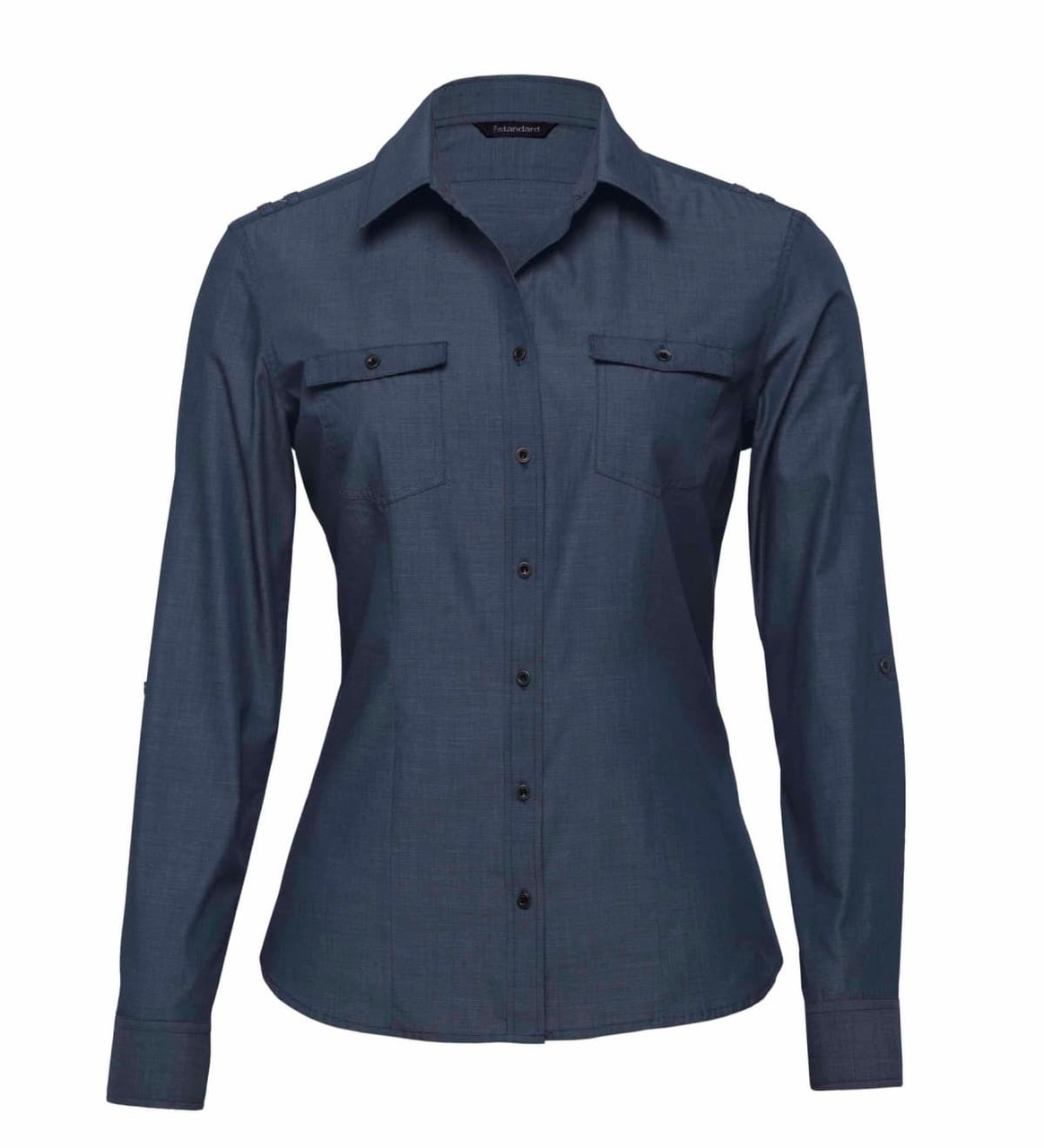 A women's button-up shirt in a dark blue colour with long sleeves and two chest pockets. It features a logo.