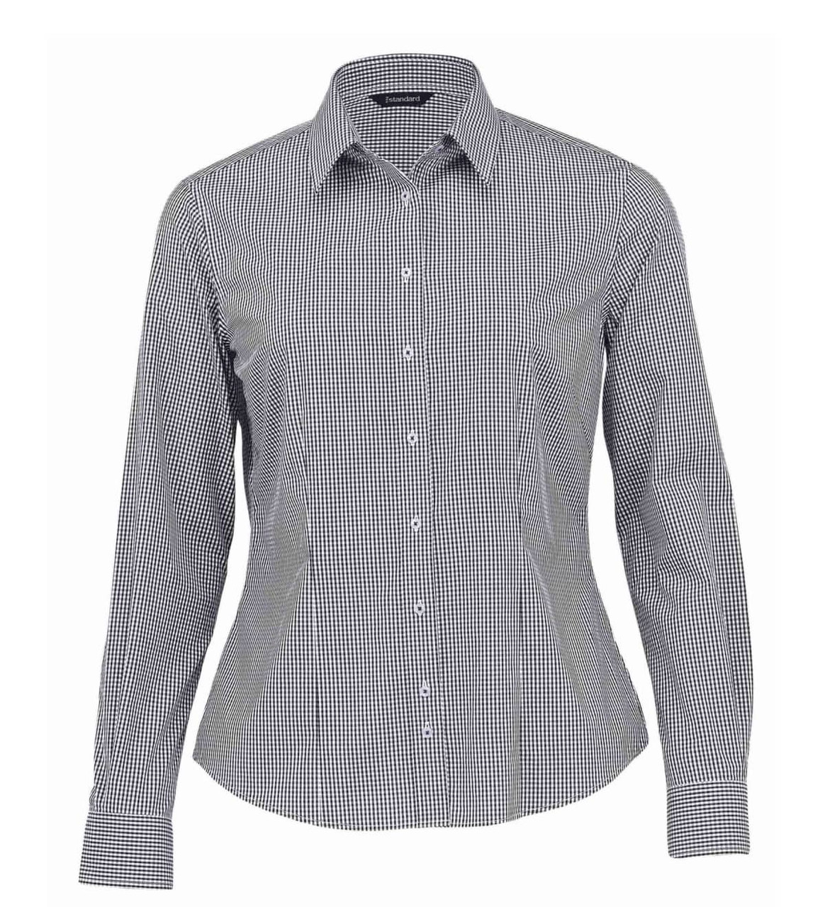 A button-up shirt featuring a black and white check pattern, with a tailored fit and a collar. It has a logo on it.