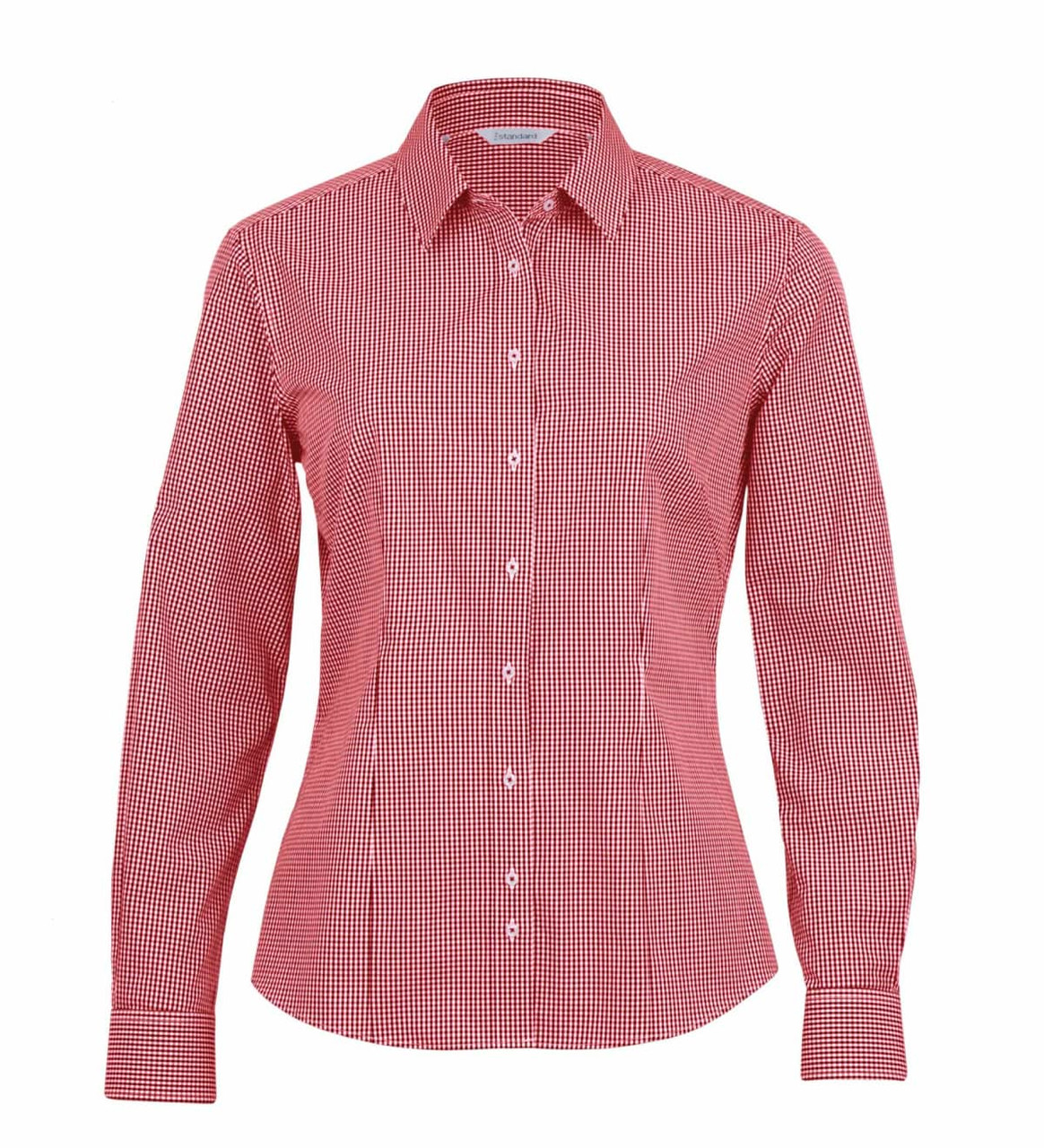 A red and white check patterned button-up shirt for women, featuring long sleeves and a collar.