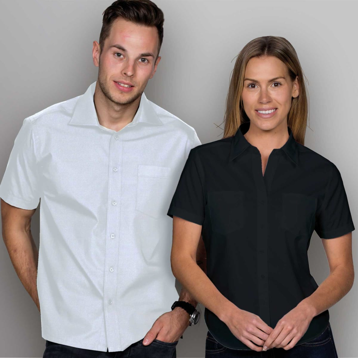 A white button-up shirt for men and a dark button-up shirt for women, both featuring a logo.