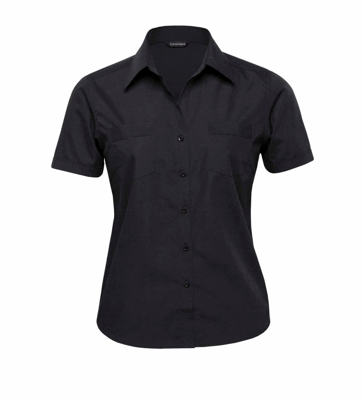 A black button-up shirt with short sleeves and two chest pockets, featuring a logo.