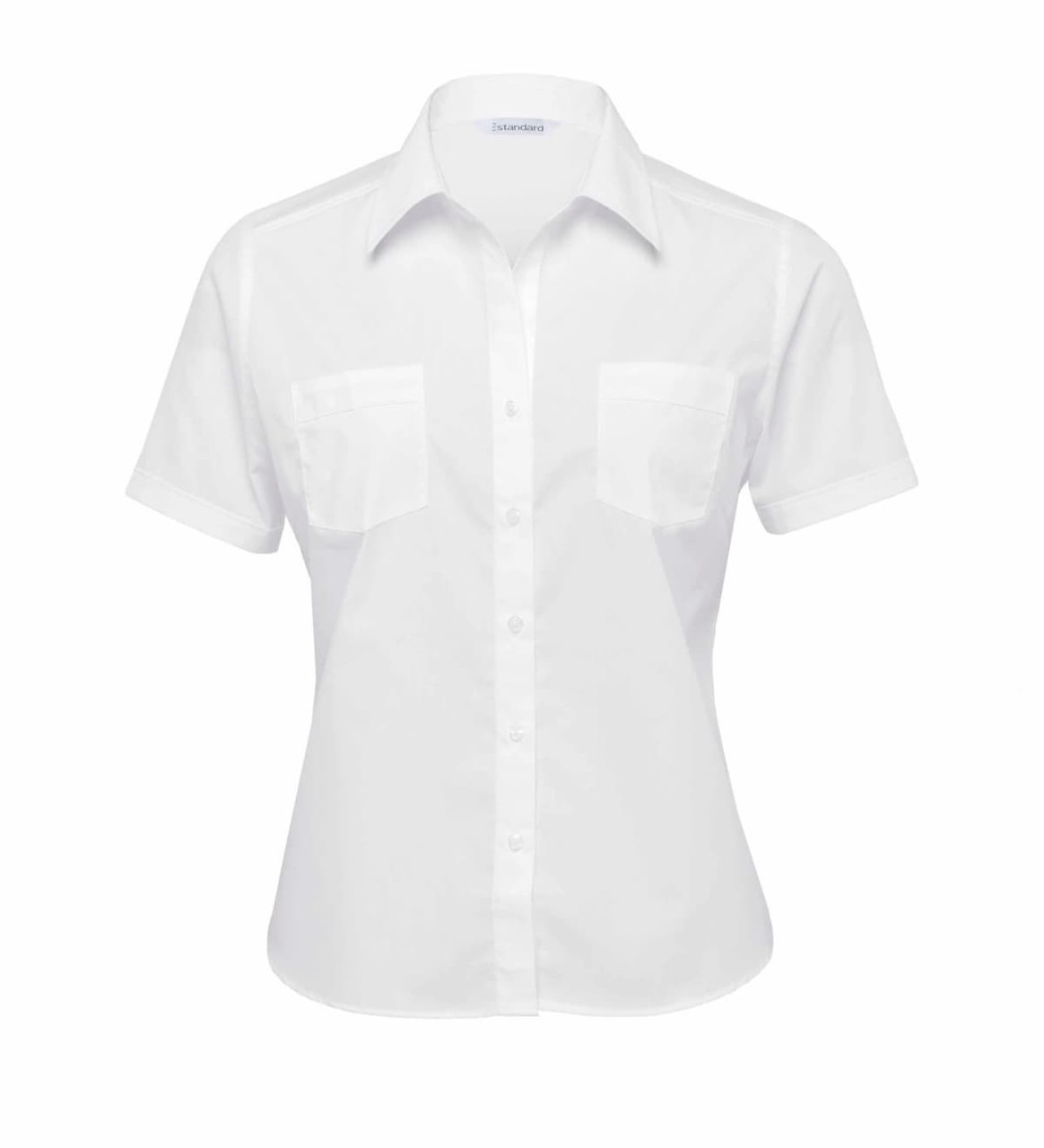 A white short-sleeved button-up shirt featuring two chest pockets and a logo on the collar.