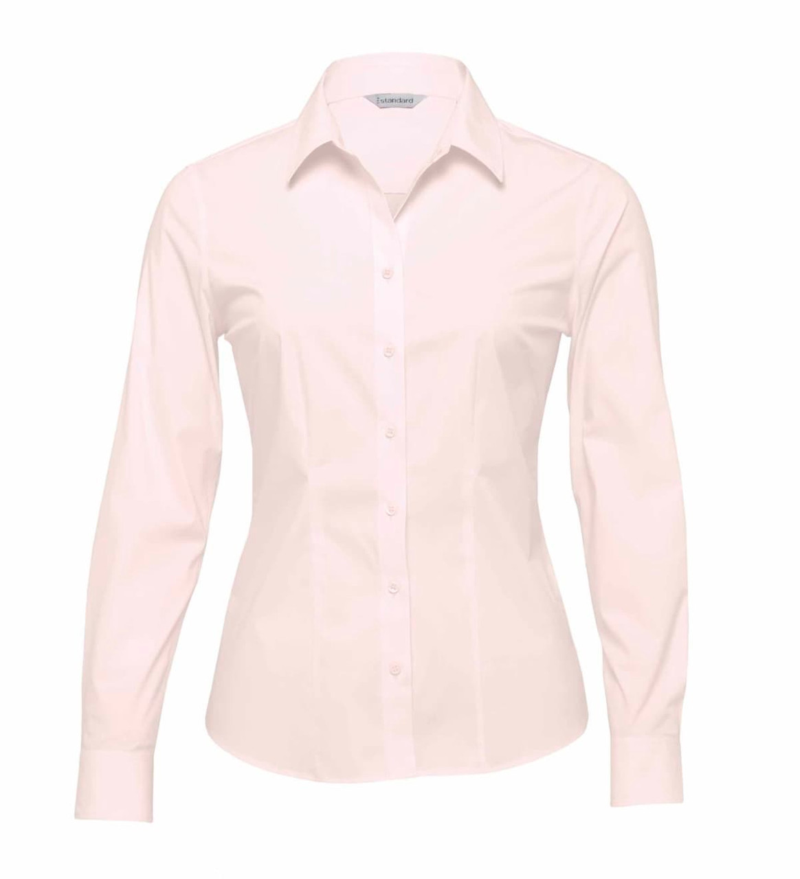 A light cream button-up shirt for women with long sleeves and a collar, featuring a logo.