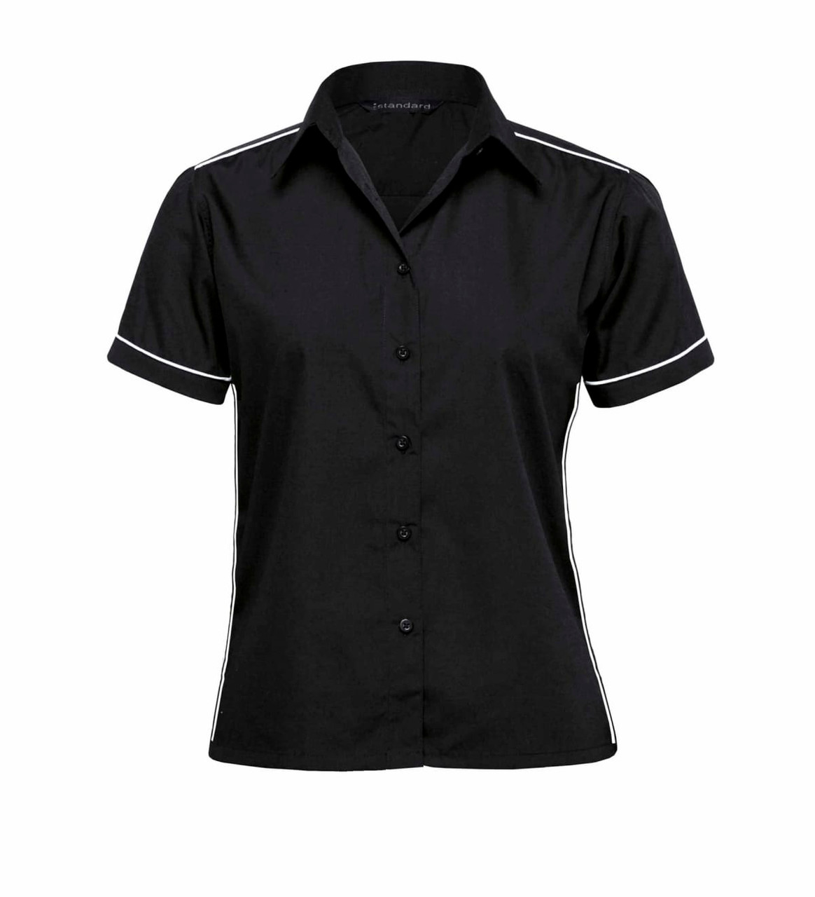 A black women's button-up shirt with white piping and a collar, featuring a button front and short sleeves.