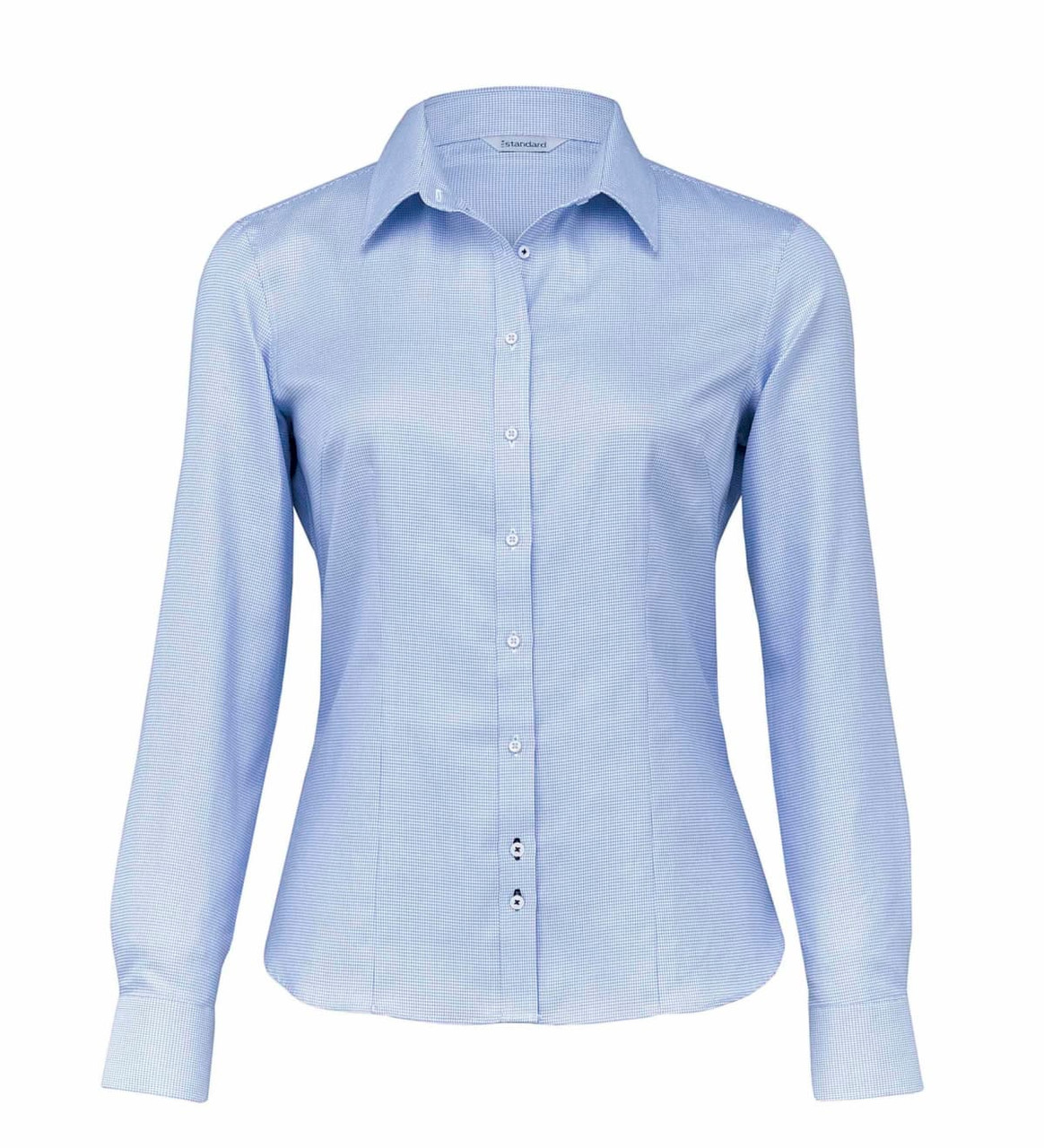 A light blue button-up shirt for women, featuring long sleeves and a collar, with a branded logo.