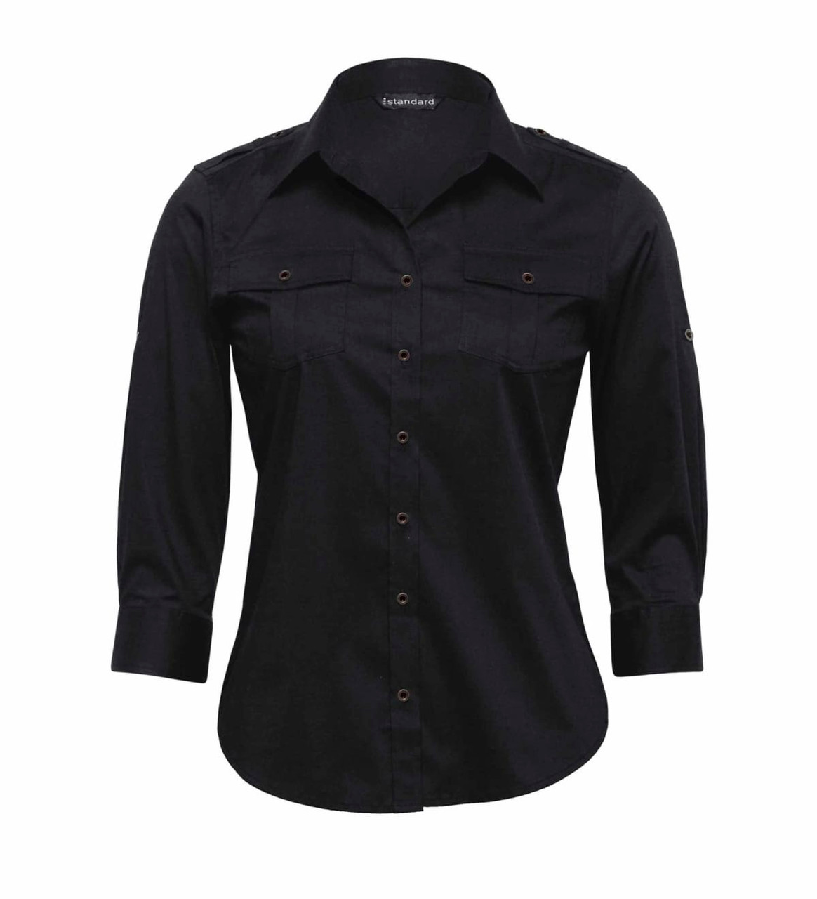 A black women's button-up shirt featuring two front pockets and cuffed sleeves, with a logo on the collar.