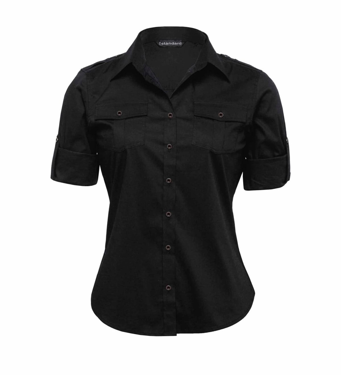 A black button-up women's shirt featuring short sleeves and two front pockets. It has a logo on the collar.