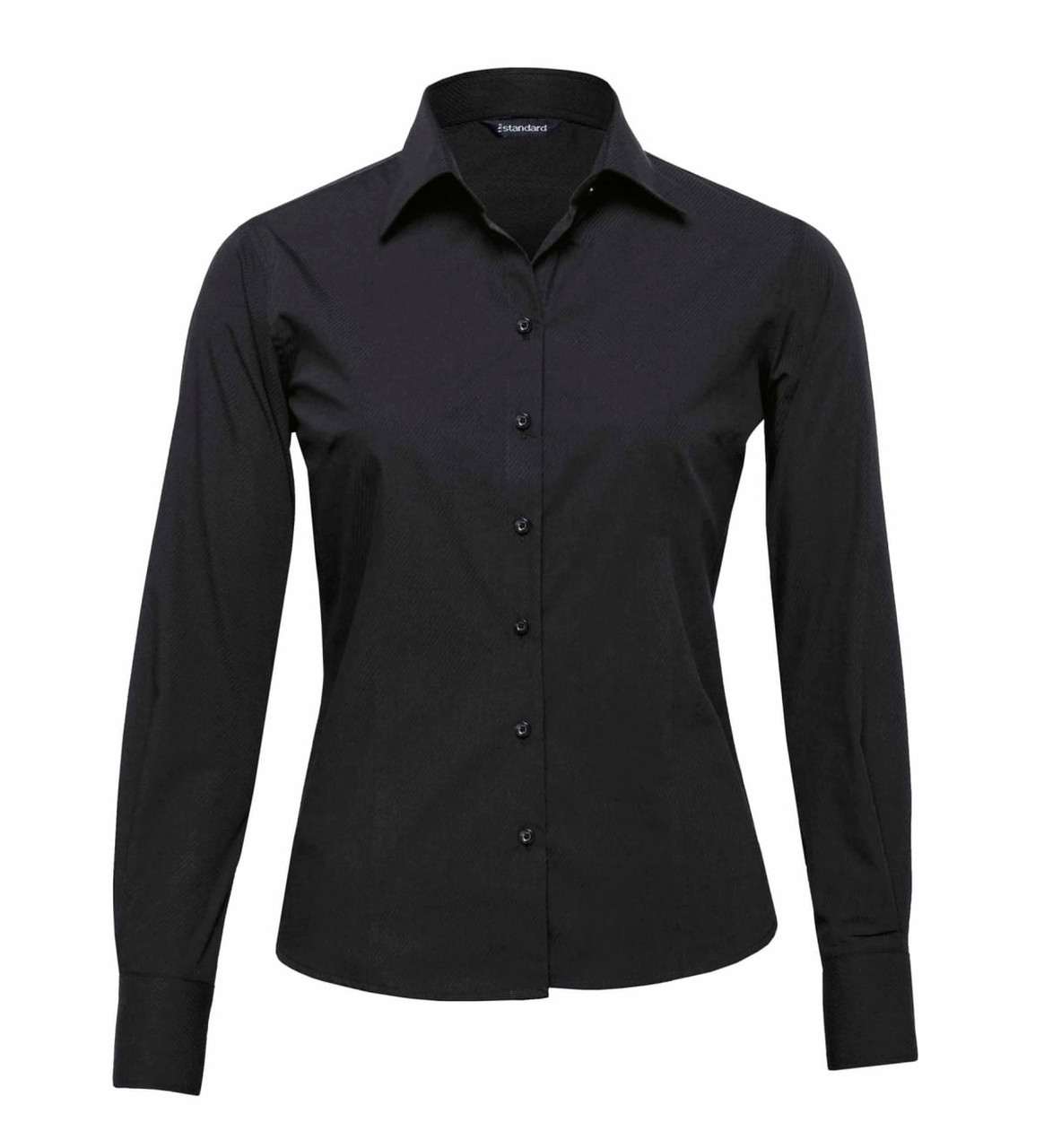 A black long sleeve button-up shirt for women, featuring a classic collar and a logo.