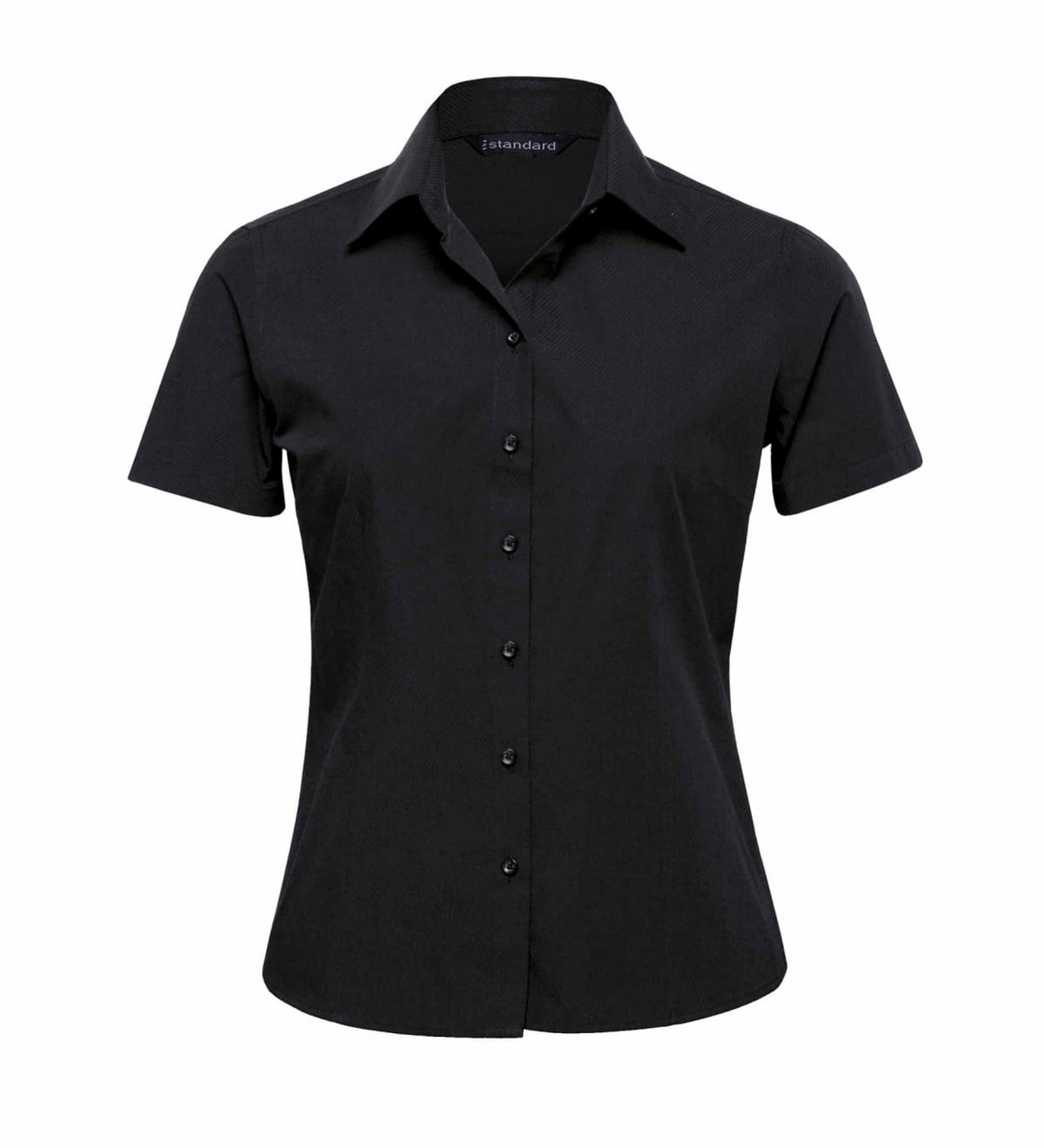 A black short sleeve button-up shirt for women featuring a collar and front buttons. It has a logo on the label.