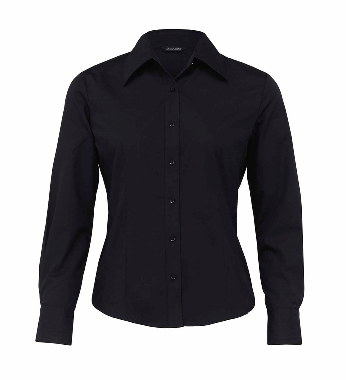 A black women's button-up shirt featuring a classic collar and long sleeves, with a logo present.