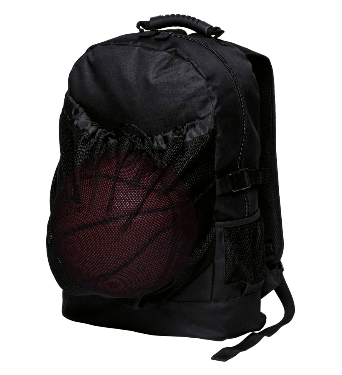 A black backpack featuring a mesh front pocket designed to hold a basketball, with adjustable straps and side pockets.