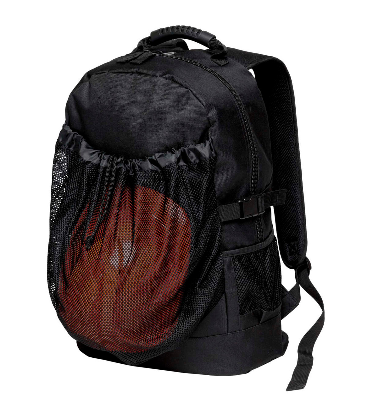 A black backpack featuring a mesh pocket holding a basketball. It has adjustable straps and additional compartments.