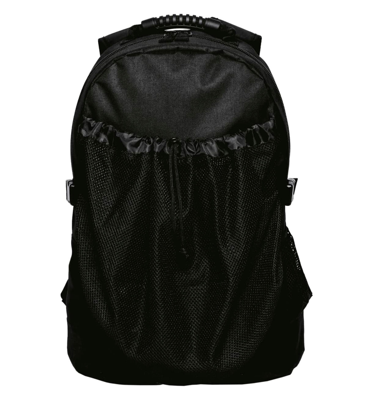 A black backpack featuring a mesh front pocket and adjustable straps, with a sleek, modern design.