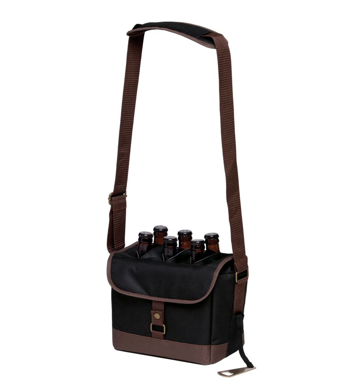A drink bottle cooler in black and brown, featuring a shoulder strap and holding multiple bottles. It has a logo on the front.
