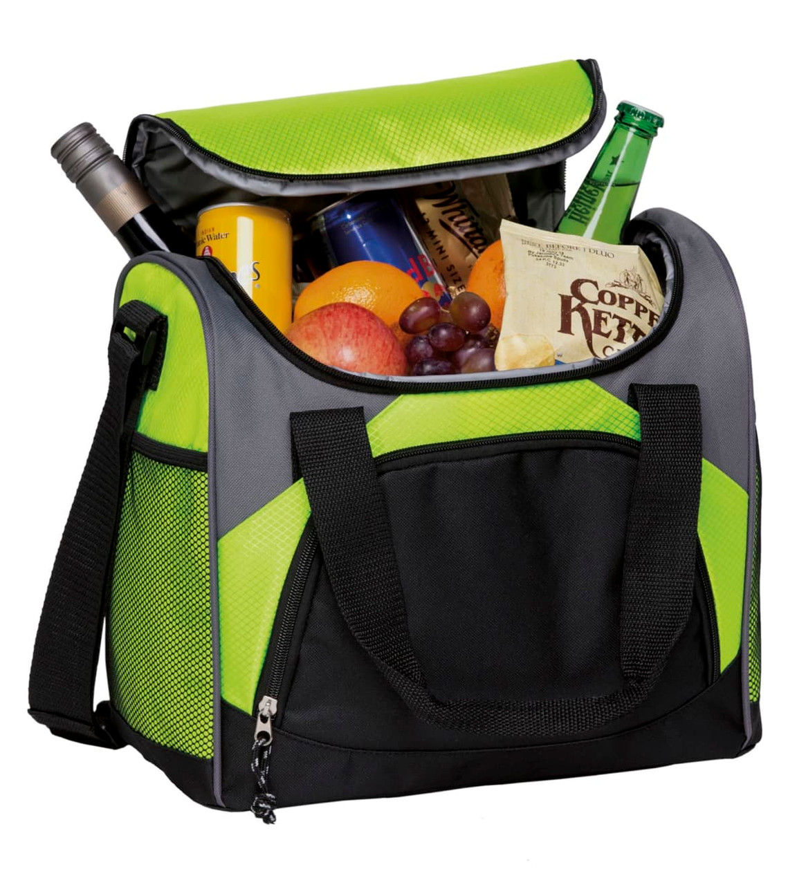 A drink bottle cooler bag in black and bright green, filled with drinks and snacks, featuring an open top and sturdy handles.