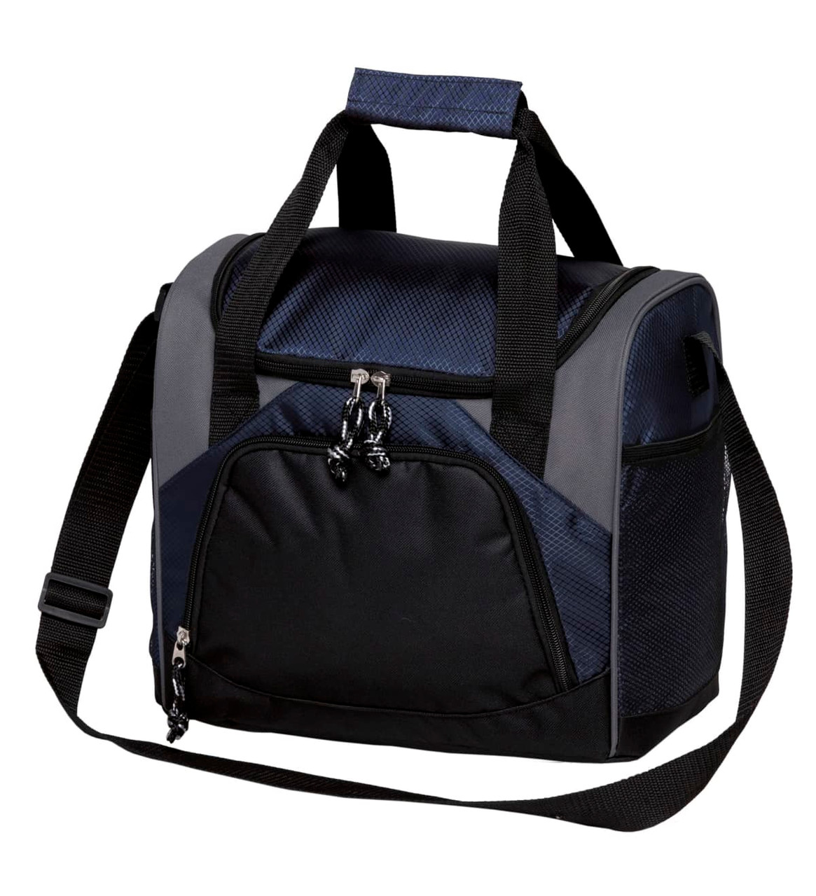 A bistro cooler bag in navy and grey with black accents, featuring a shoulder strap and double handles.