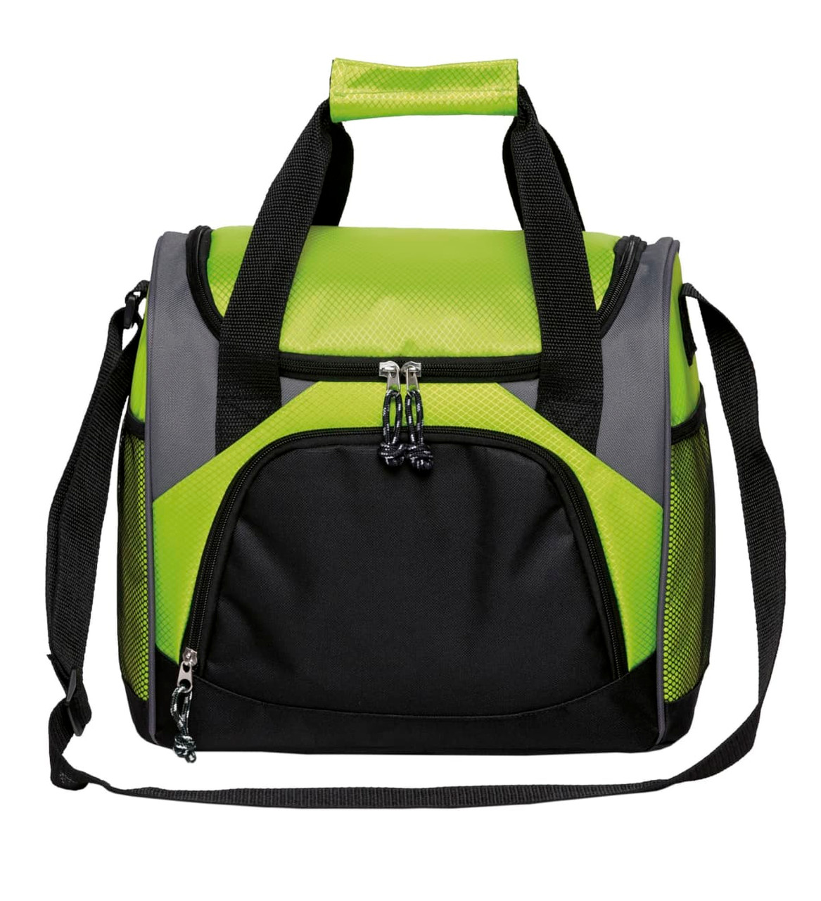 A cooler bag featuring a bright green front with black accents and dual carry handles, including a detachable shoulder strap.