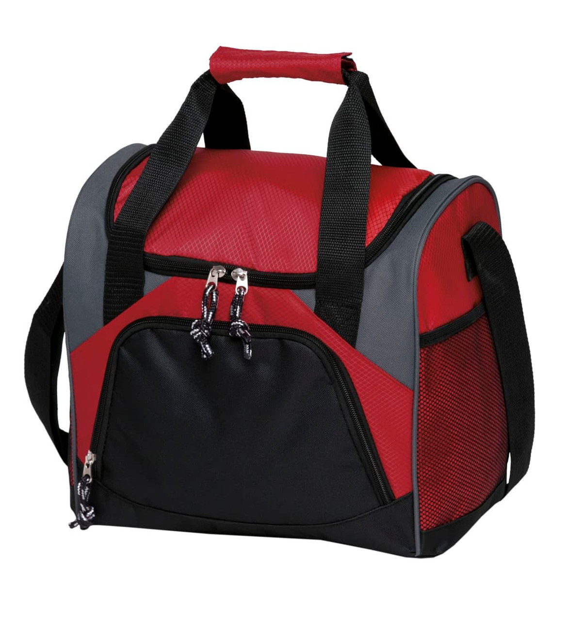 A bistro cooler featuring a red and black design, with sturdy handles and a zippered front pocket.