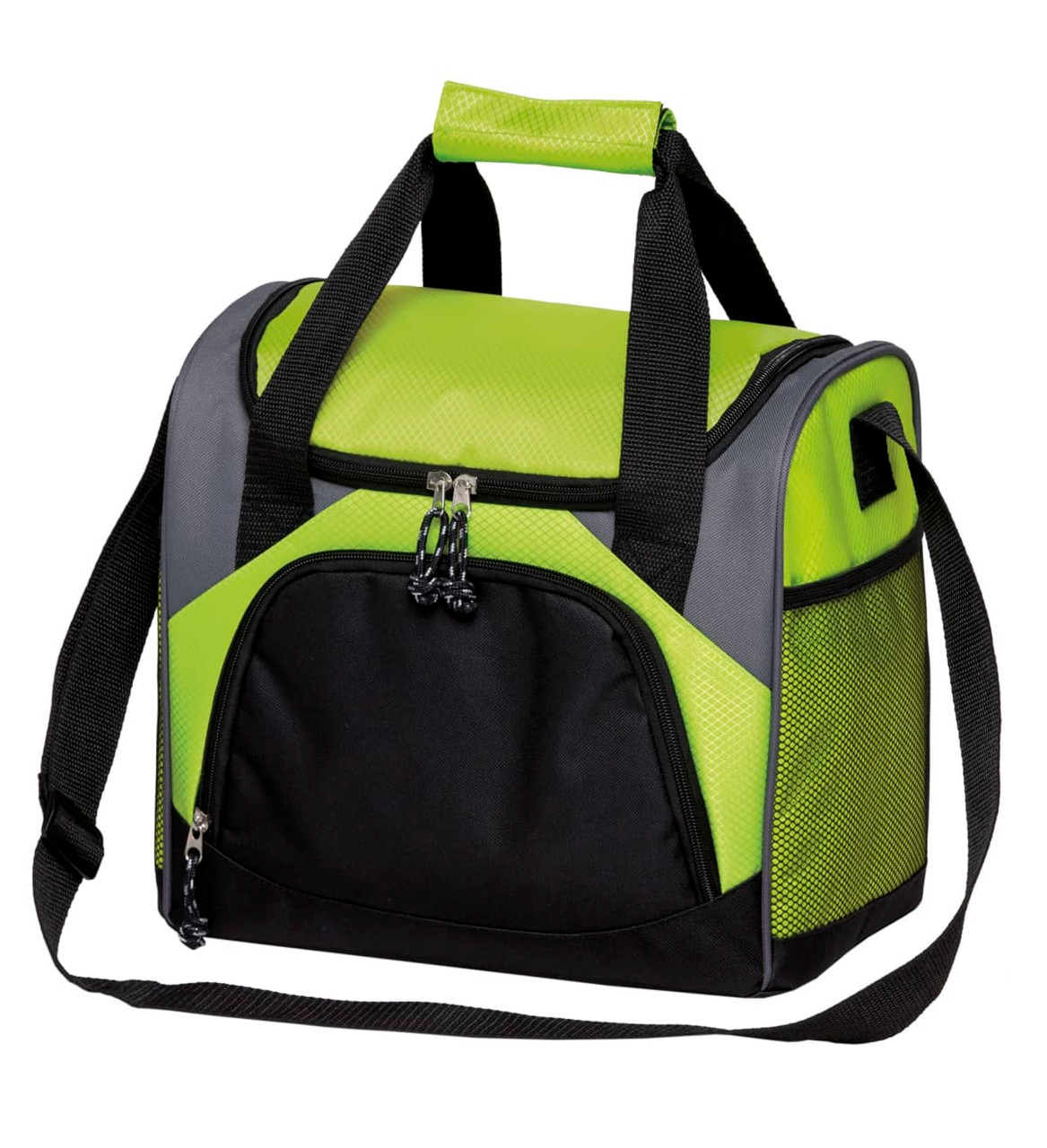 A drink bottle cooler bag in vibrant lime green and black, featuring a zippered main compartment and front pocket.