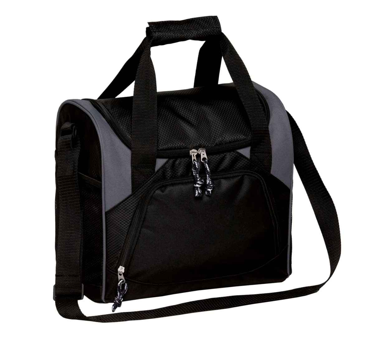 A black and grey cooler bag with handles and a detachable shoulder strap, featuring a front pocket and zippers.