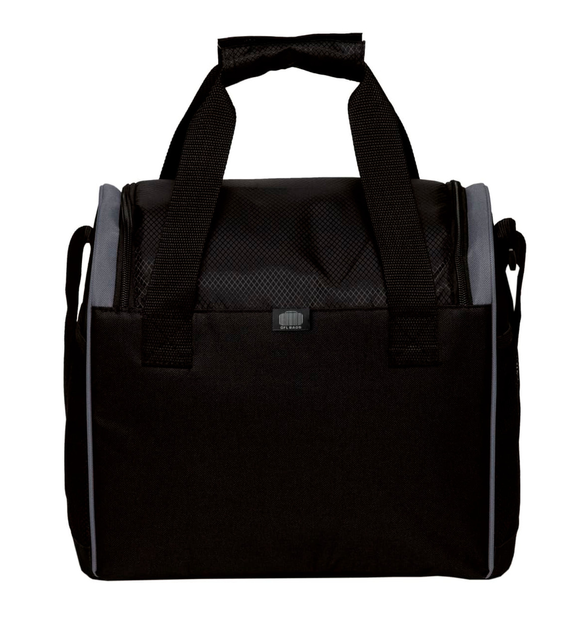 A black insulated cooler bag with two handles and a shoulder strap, featuring a textured design.