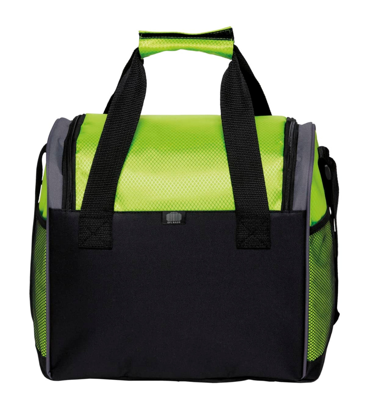 A bistro cooler featuring a vibrant green and black design, with sturdy handles and a zippered top.