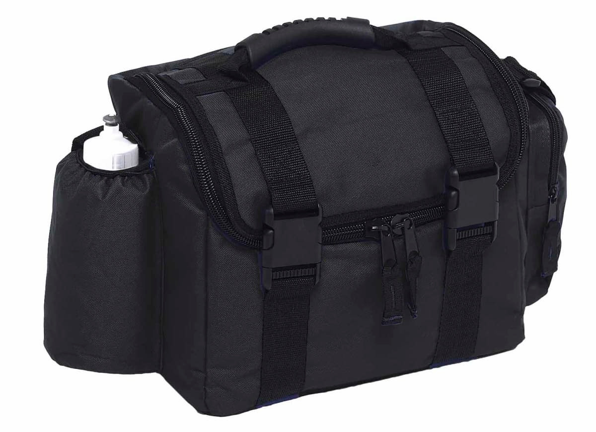A black insulated bag with a side pocket for a drink bottle and adjustable straps. It has multiple compartments and zippers.