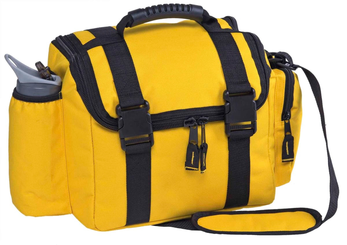 A yellow insulated bag with black straps and a drink bottle holder on the side, featuring a carry handle and shoulder strap.