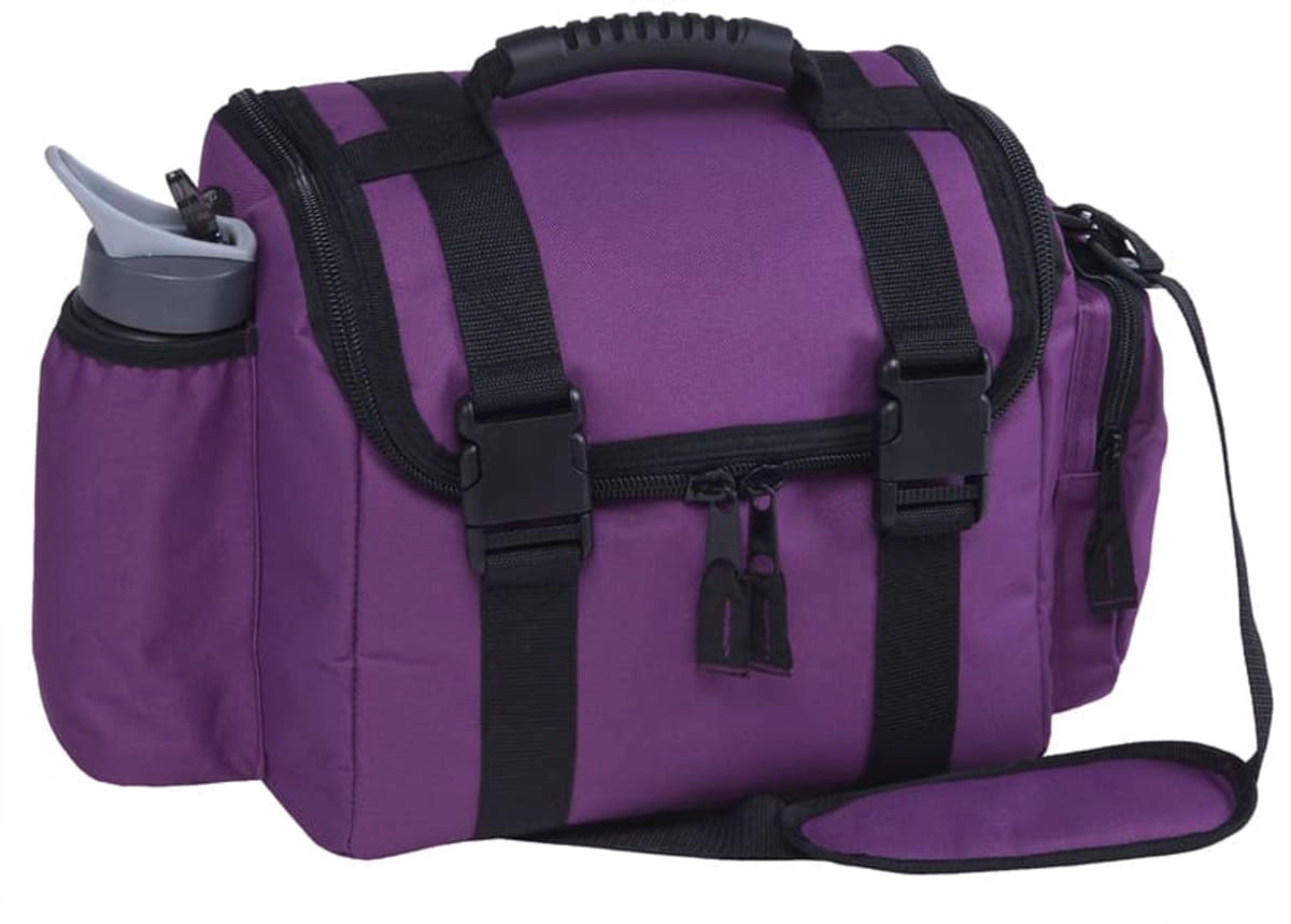 A purple insulated bag with black straps and a grey drink bottle pocket, featuring a removable shoulder strap.