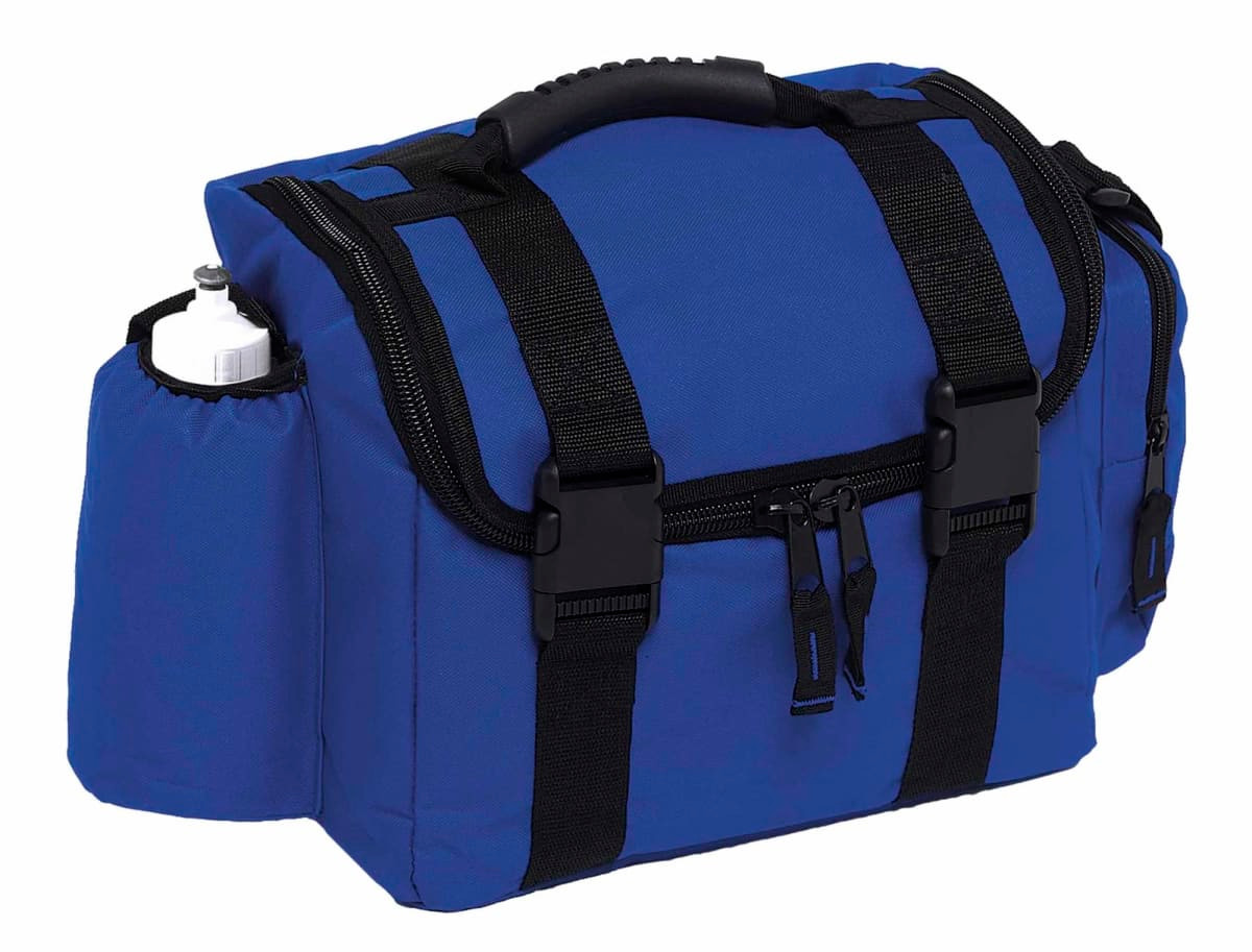 A blue insulated bag with black straps and a side pocket holding a drink bottle. It features multiple zippered compartments.