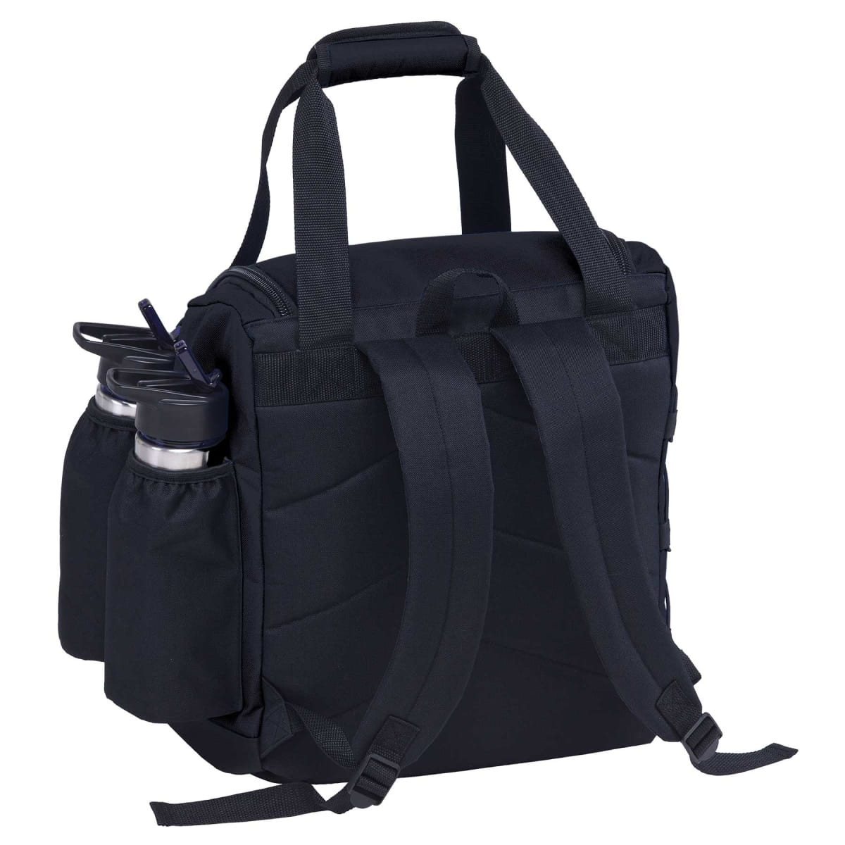 A black promotional product bag with adjustable straps and side pockets for drink bottles.