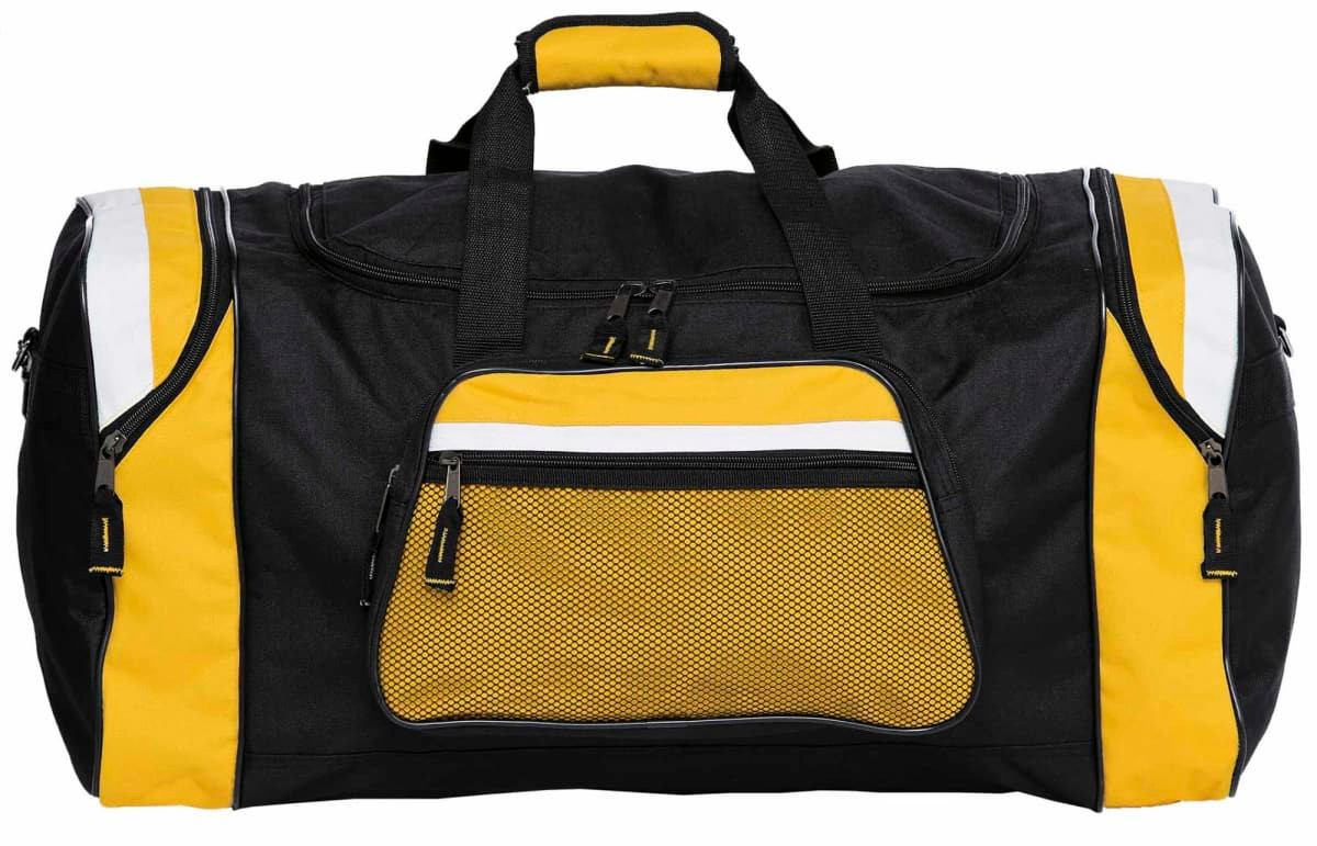 A black and yellow duffle bag featuring a front mesh pocket and a logo. Includes sturdy handles for carrying.